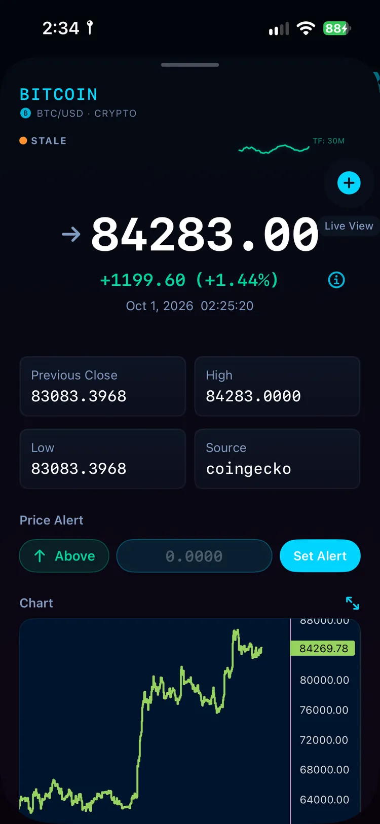 Tkr Bitcoin detail screen with price, session stats and chart